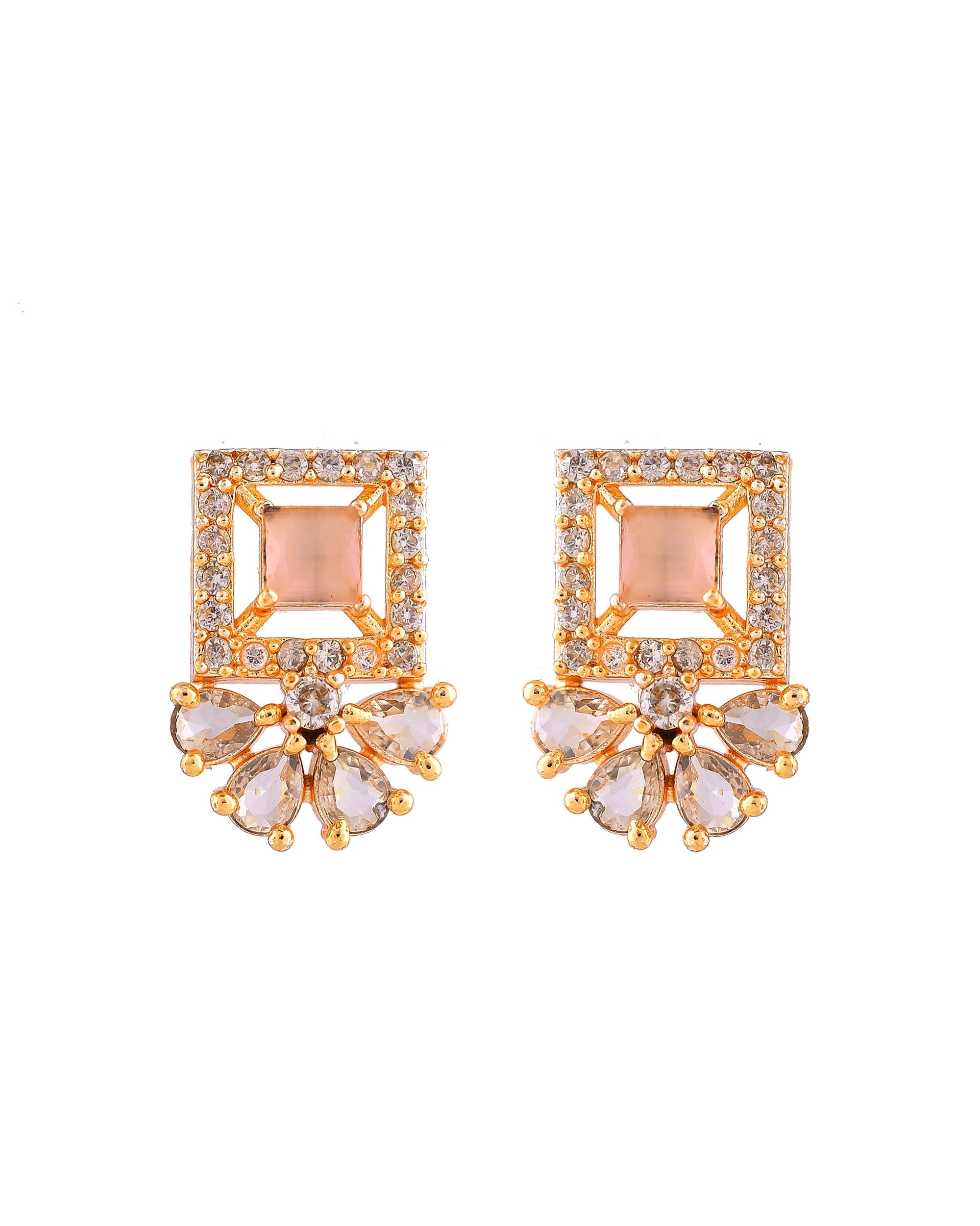 VOJ Gold Plated Baby Pink Square Ad Stone Studded Chain Set | Grocsy