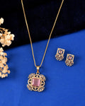VOJ Gold Plated Baby Pink Square Ad Stone Studded Chain Set | Grocsy