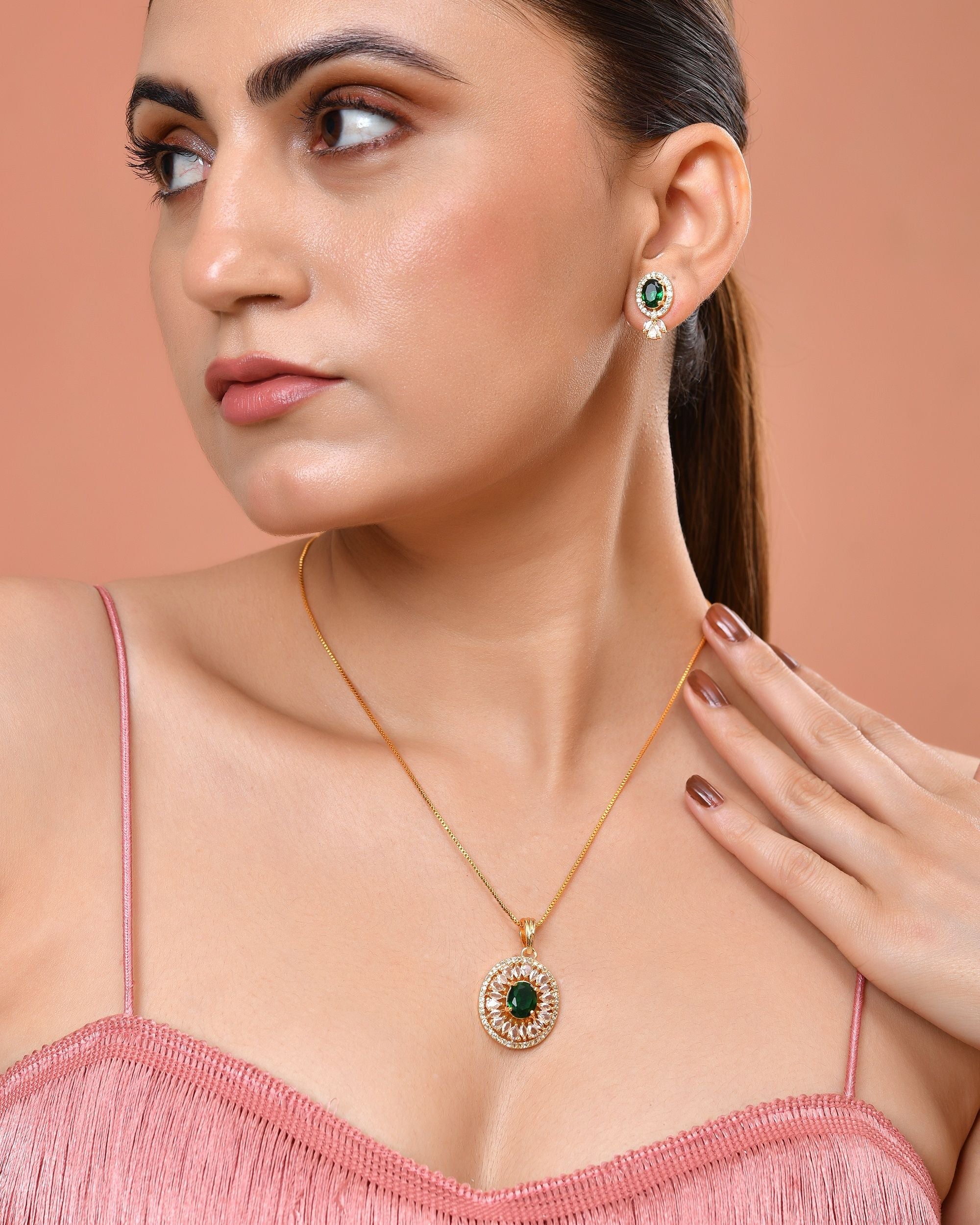VOJ Gold Plated Green Oval Shaped Ad Stone Studded Chain Set | Grocsy