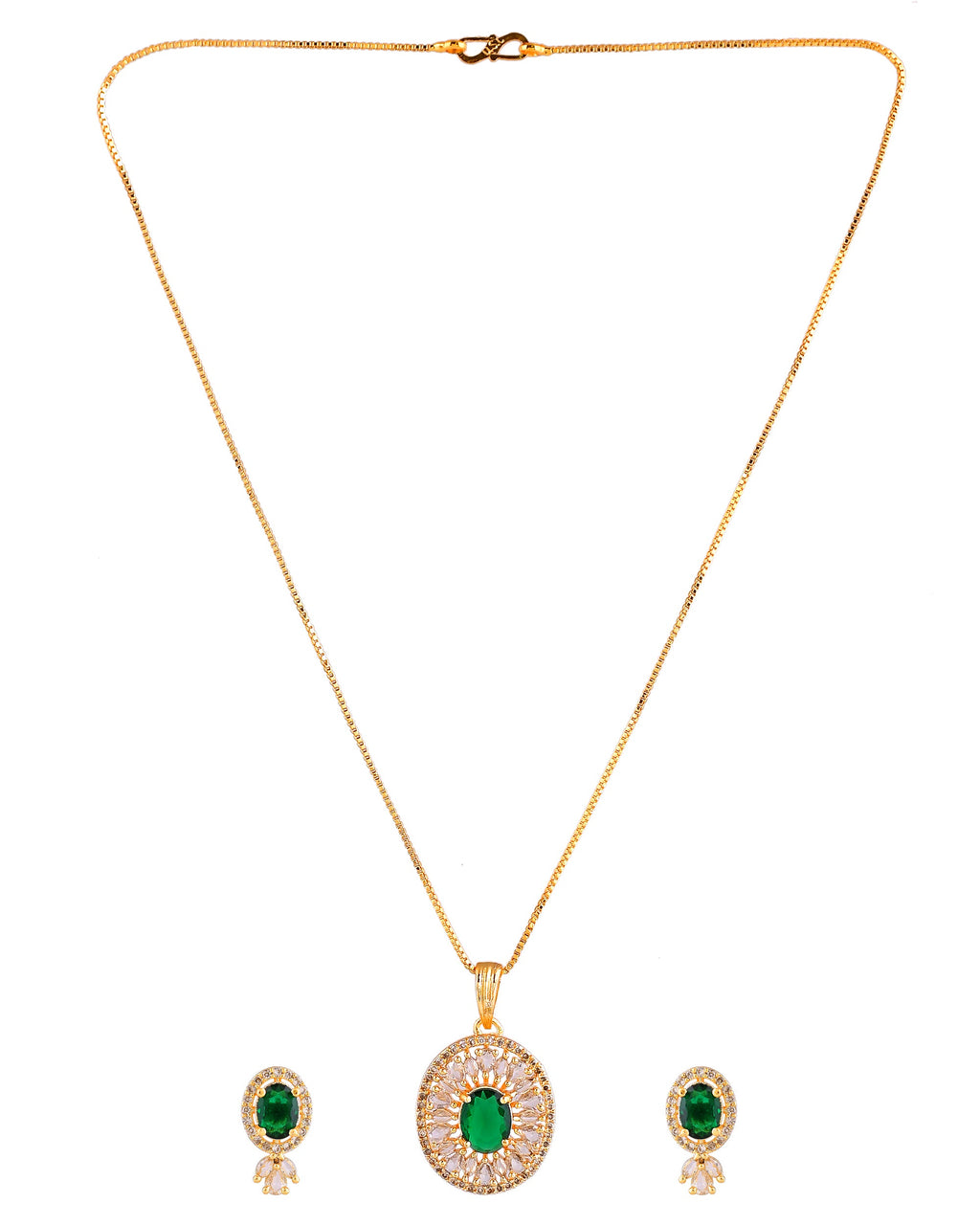 VOJ Gold Plated Green Oval Shaped Ad Stone Studded Chain Set | Grocsy