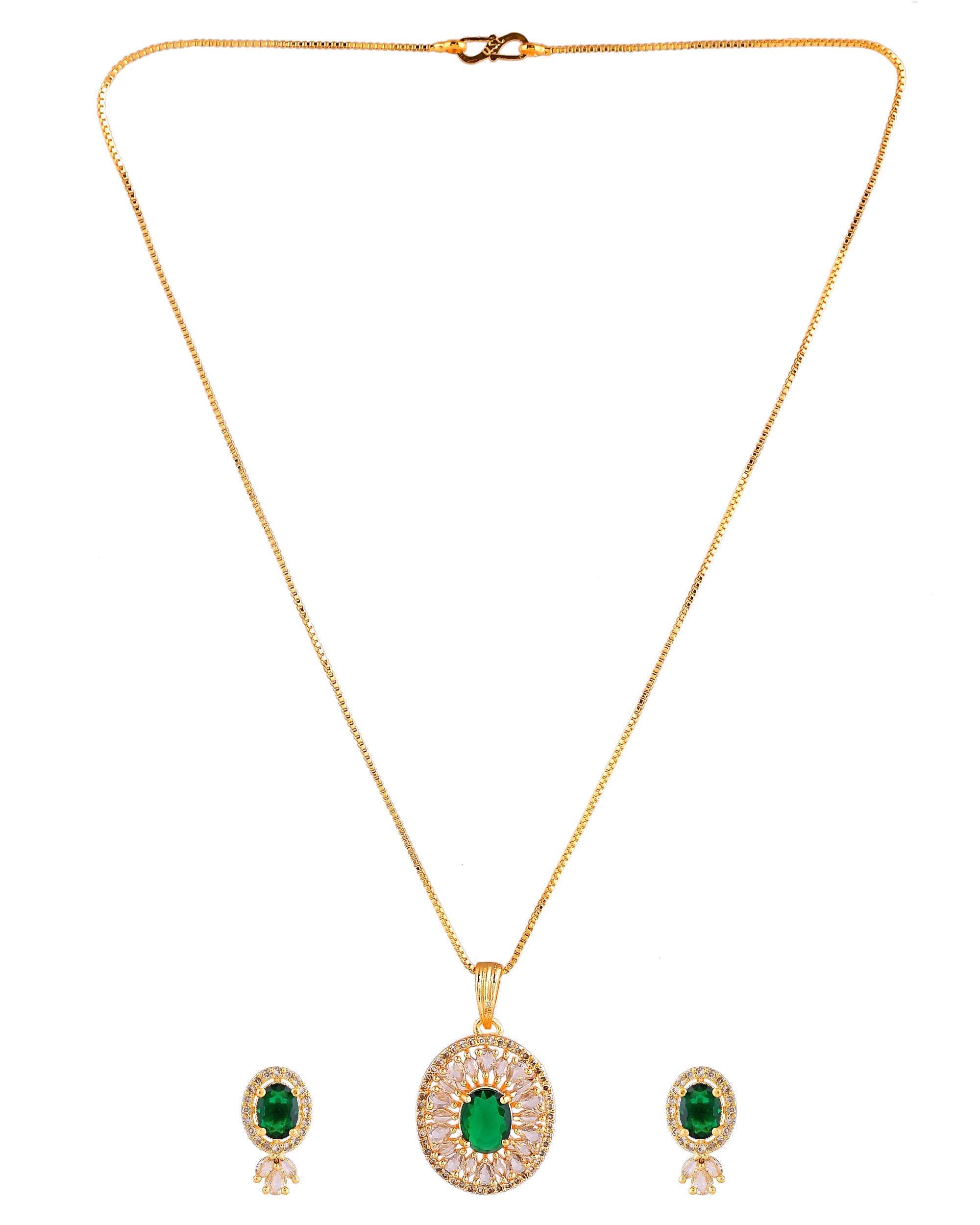 VOJ Gold Plated Green Oval Shaped Ad Stone Studded Chain Set | Grocsy