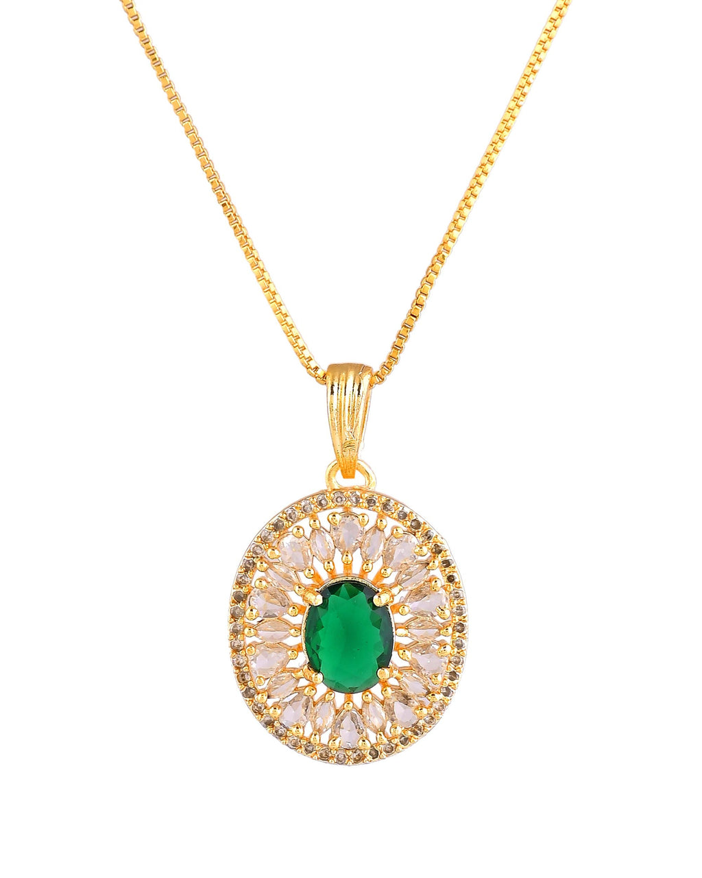 VOJ Gold Plated Green Oval Shaped Ad Stone Studded Chain Set | Grocsy