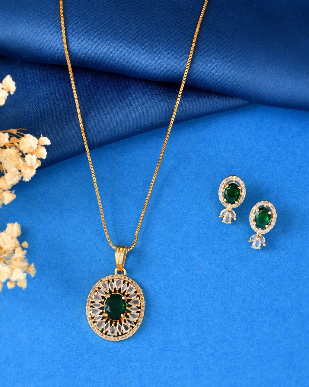 VOJ Gold Plated Green Oval Shaped Ad Stone Studded Chain Set | Grocsy