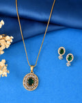 VOJ Gold Plated Green Oval Shaped Ad Stone Studded Chain Set | Grocsy