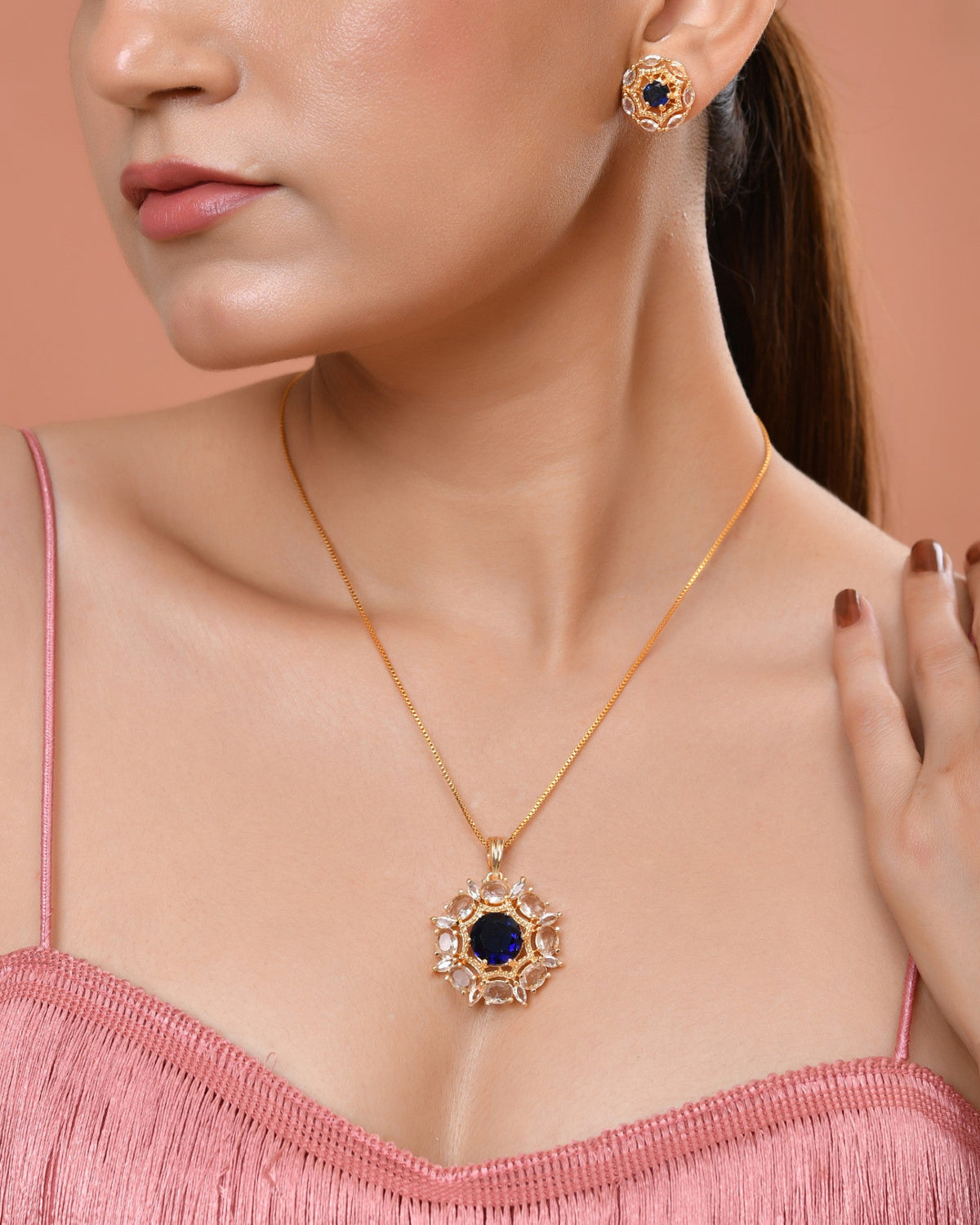 VOJ Gold Plated Blue Circular Stone Studded Floral Ad Chain Set | Grocsy