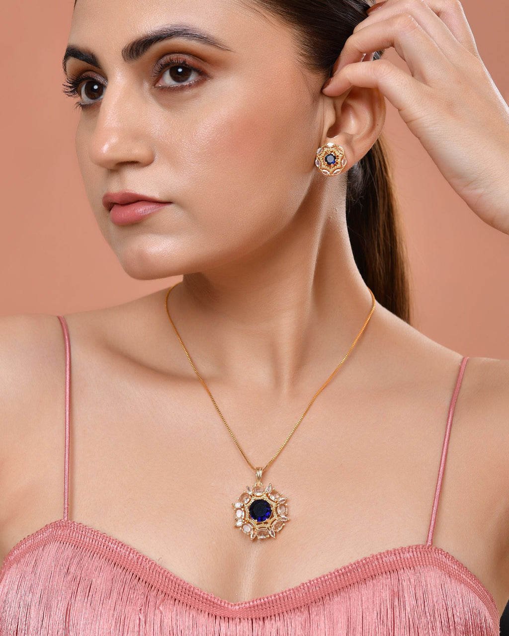 VOJ Gold Plated Blue Circular Stone Studded Floral Ad Chain Set | Grocsy