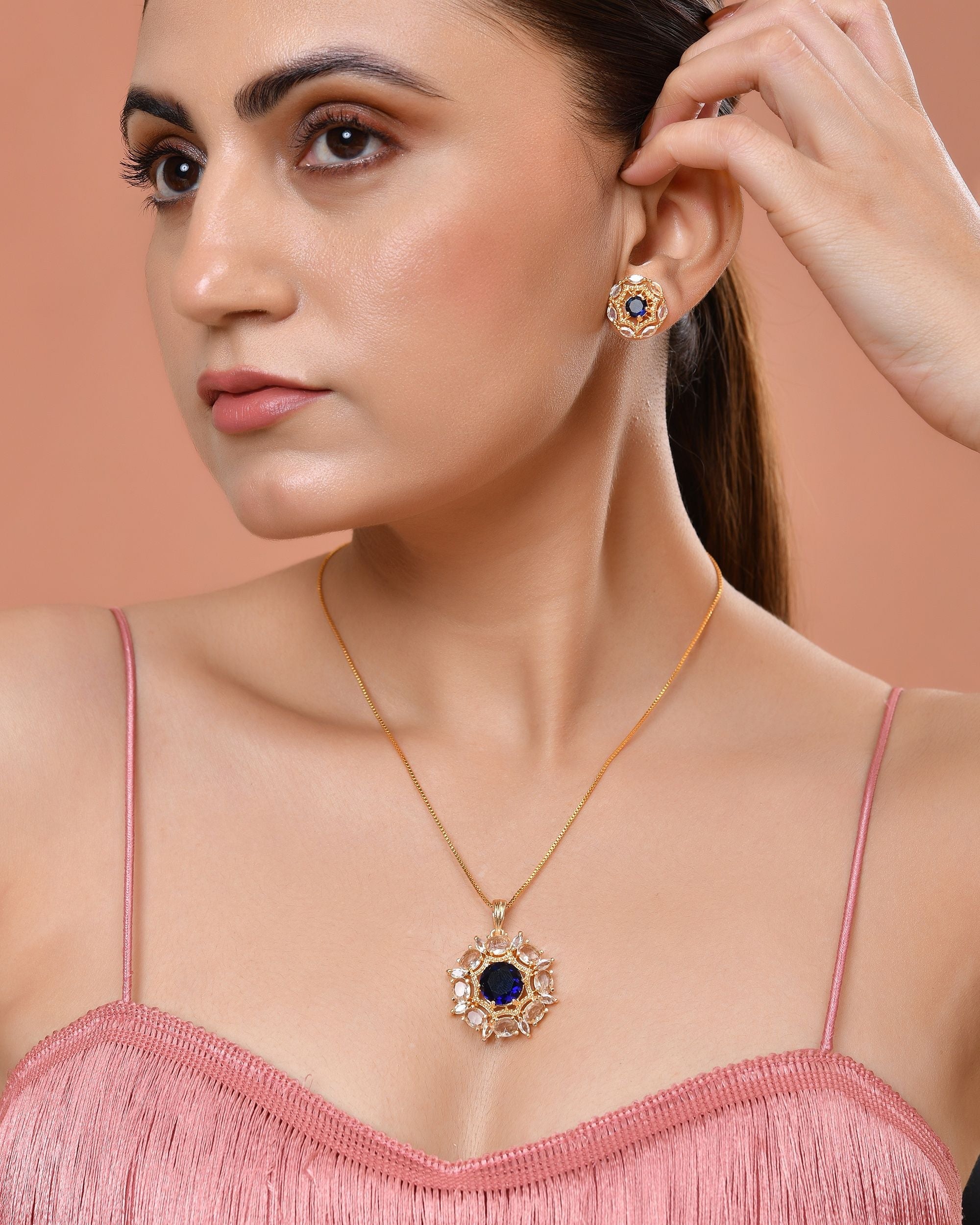 VOJ Gold Plated Blue Circular Stone Studded Floral Ad Chain Set | Grocsy
