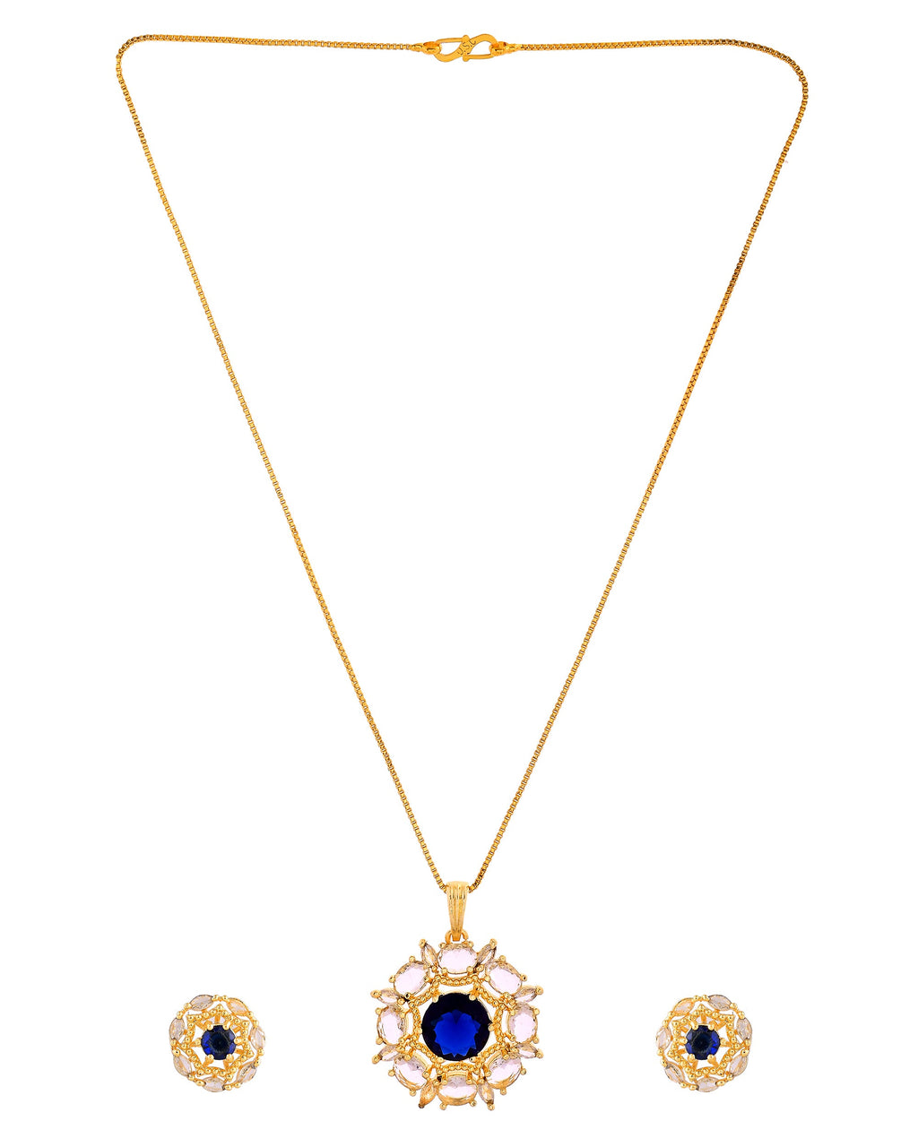VOJ Gold Plated Blue Circular Stone Studded Floral Ad Chain Set | Grocsy