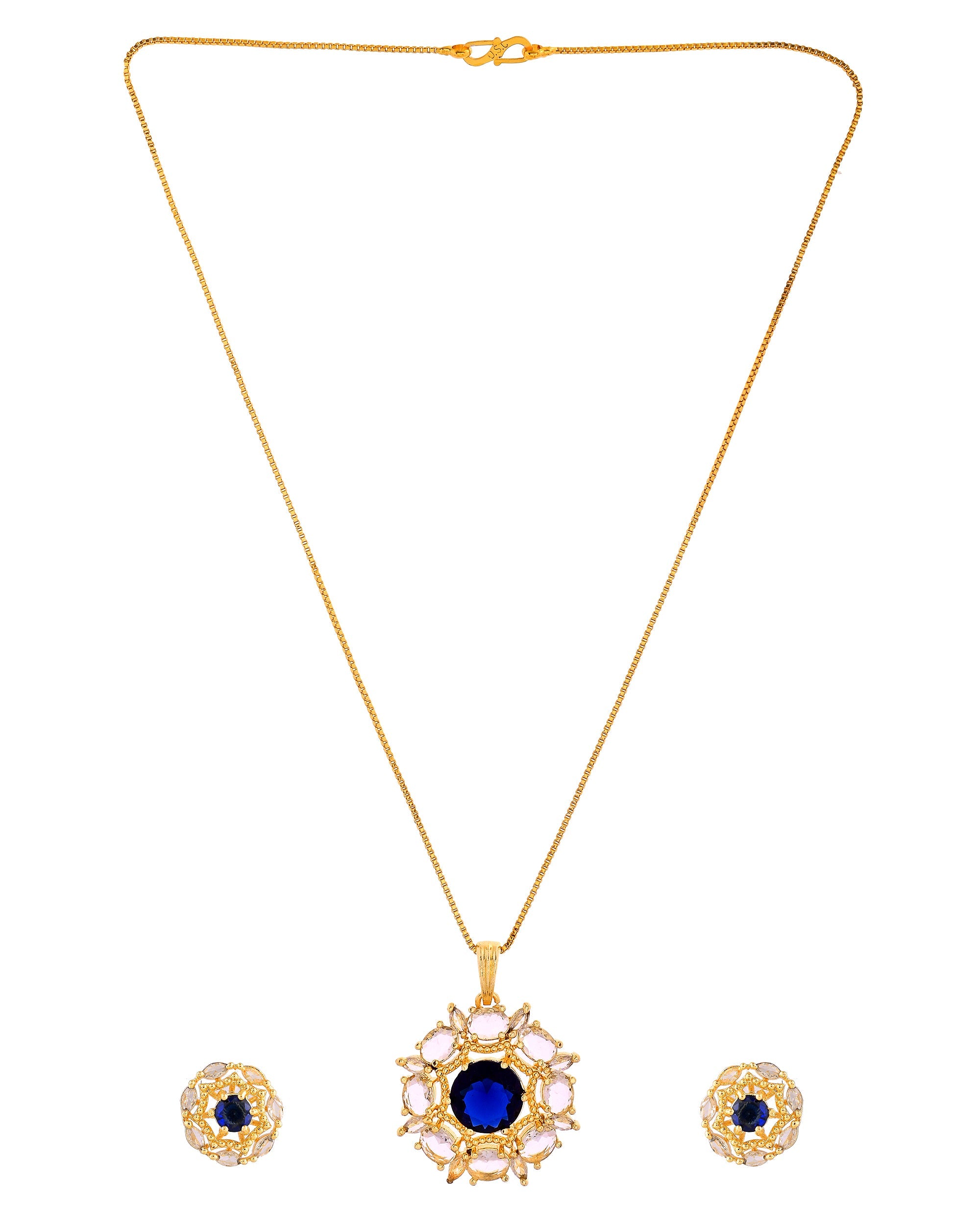 VOJ Gold Plated Blue Circular Stone Studded Floral Ad Chain Set | Grocsy