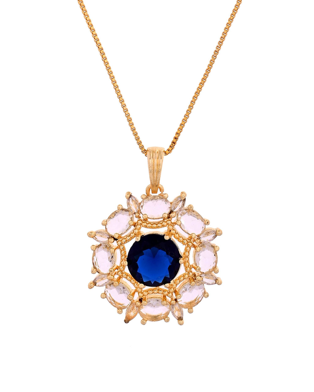 VOJ Gold Plated Blue Circular Stone Studded Floral Ad Chain Set | Grocsy