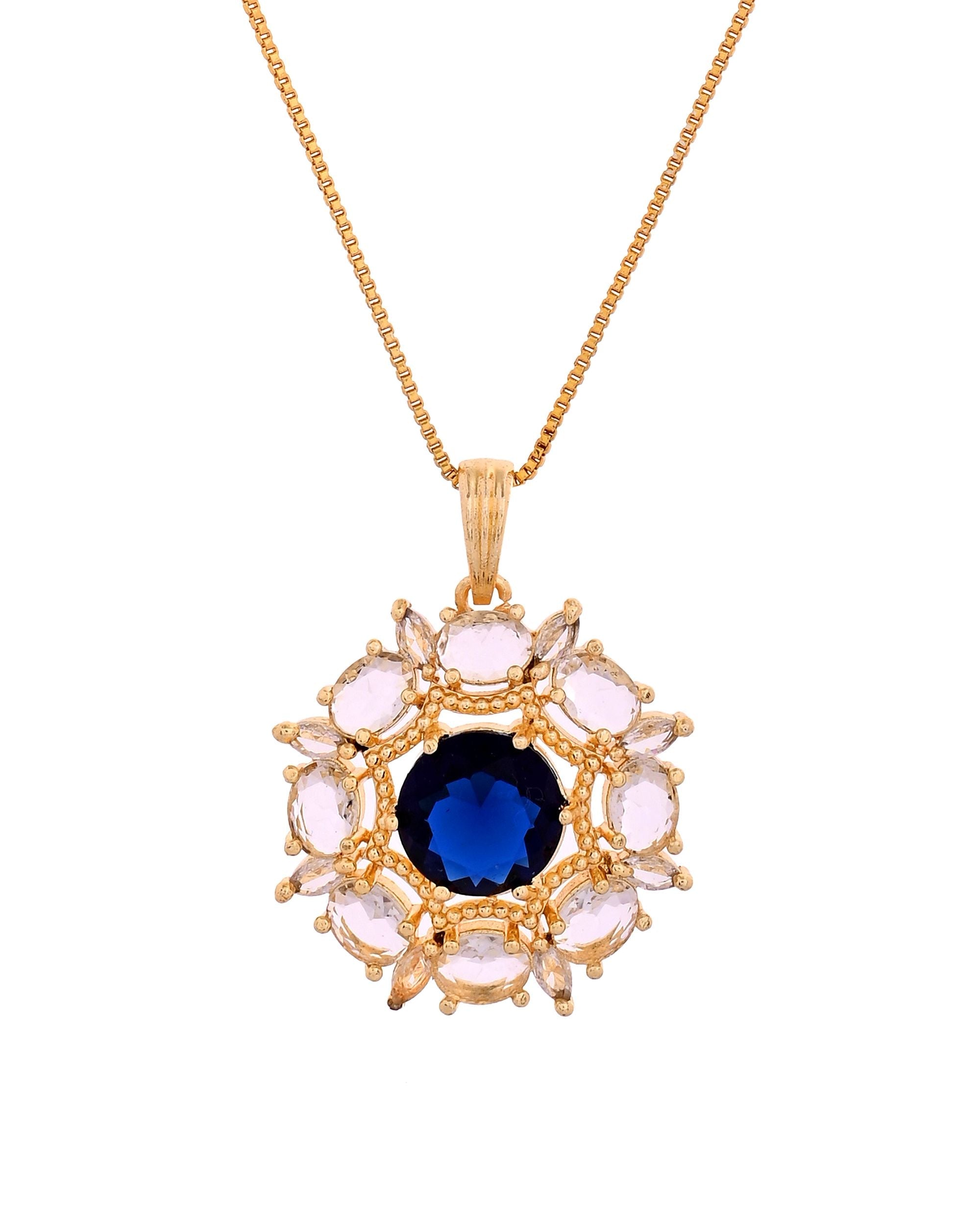 VOJ Gold Plated Blue Circular Stone Studded Floral Ad Chain Set | Grocsy