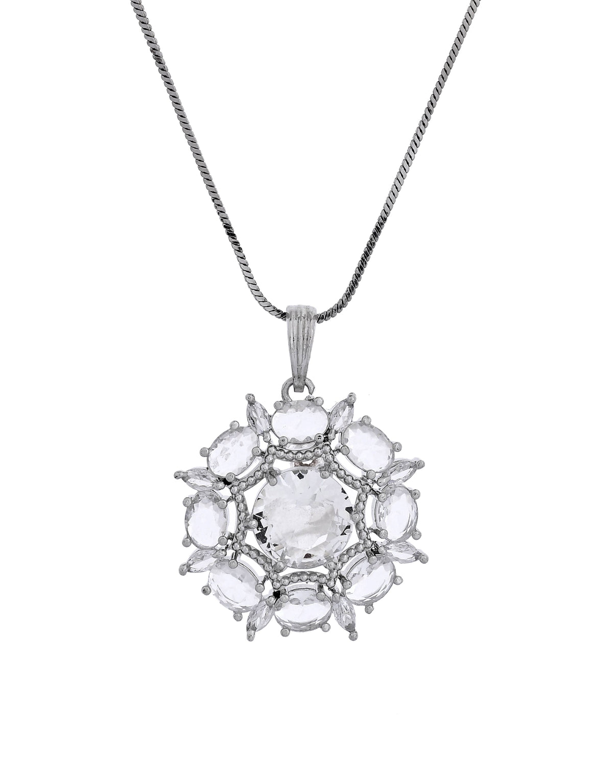 VOJ Silver Plated Circular Stone Studded Floral Shaped Ad Chain Set | Grocsy