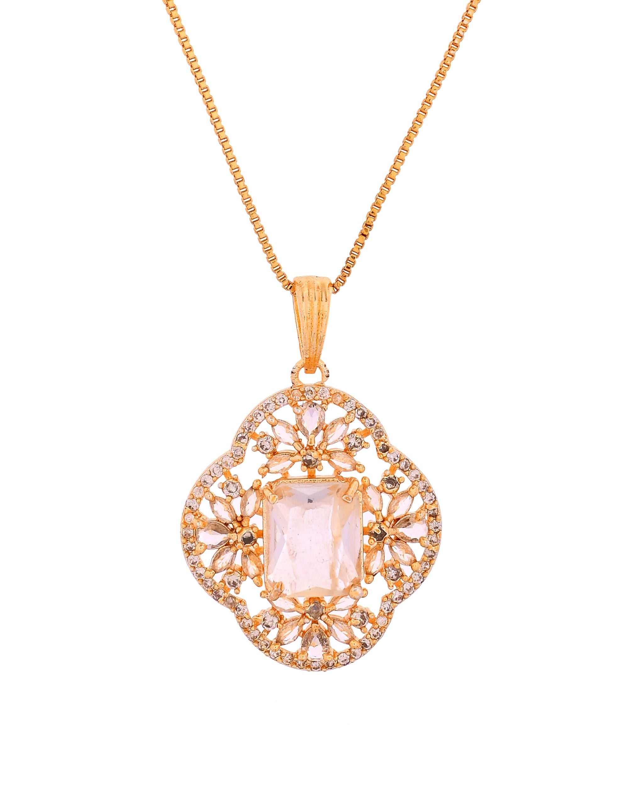 VOJ Gold Toned Rectangular Stone Studded Cz Chain Set | Grocsy