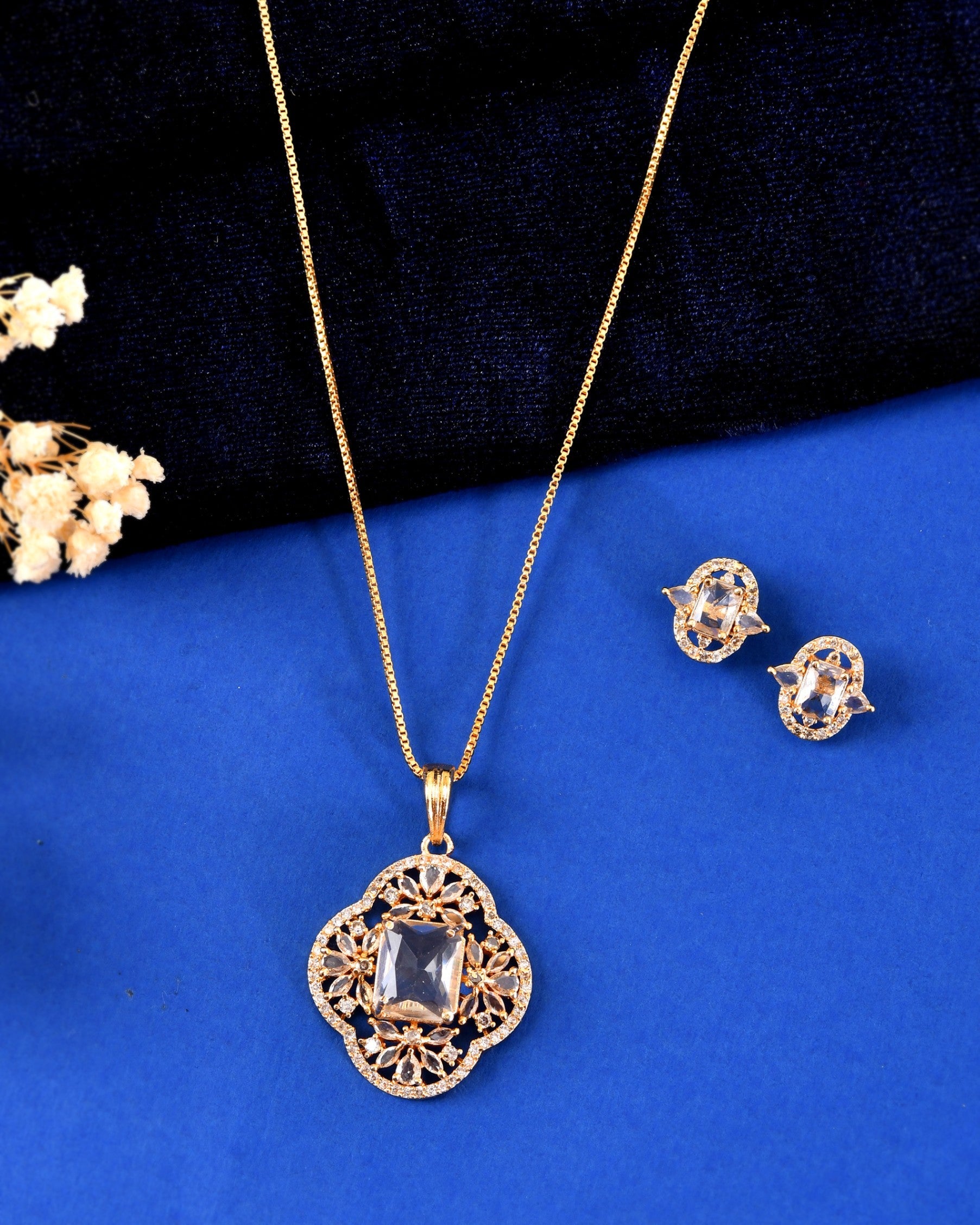 VOJ Gold Toned Rectangular Stone Studded Cz Chain Set | Grocsy