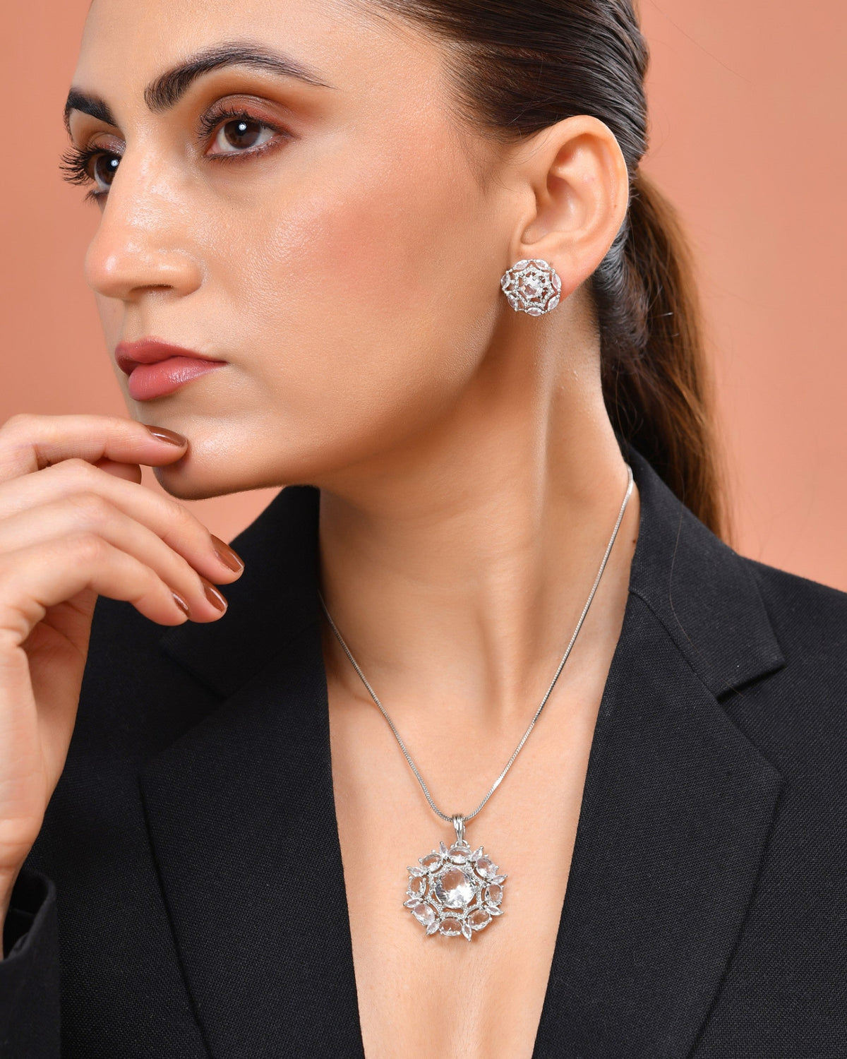 VOJ Silver Plated Circular Stone Studded Sun Shaped Ad Pendant With Chain Set | Grocsy