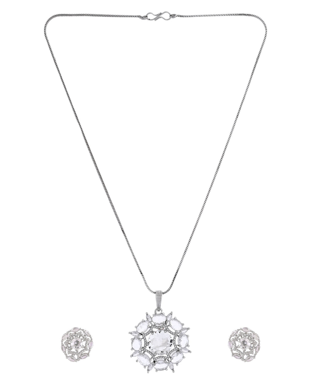 VOJ Silver Plated Circular Stone Studded Sun Shaped Ad Pendant With Chain Set | Grocsy