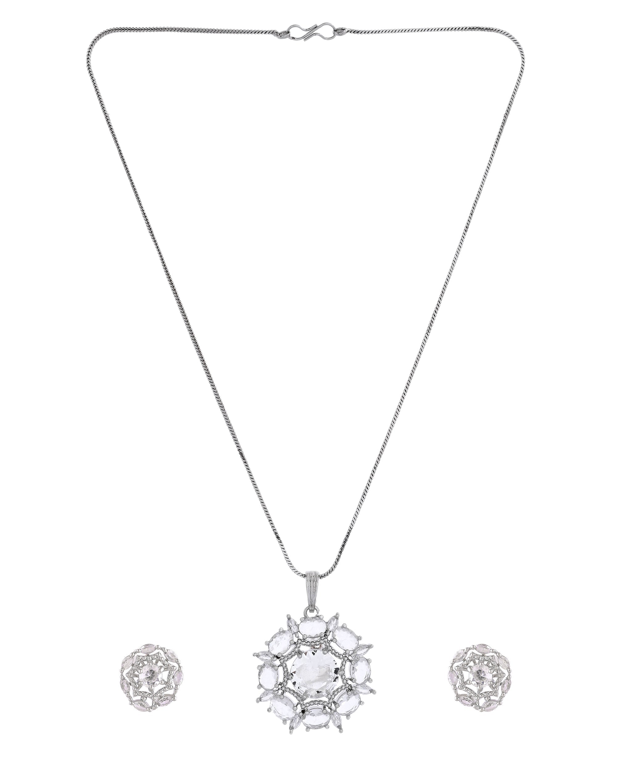 VOJ Silver Plated Circular Stone Studded Sun Shaped Ad Pendant With Chain Set | Grocsy