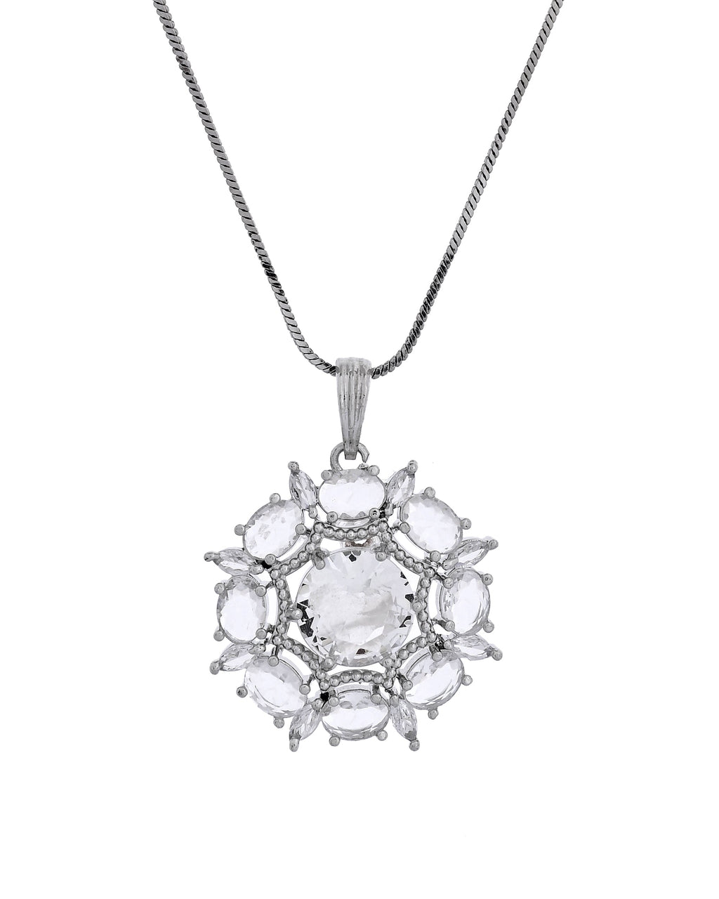 VOJ Silver Plated Circular Stone Studded Sun Shaped Ad Pendant With Chain Set | Grocsy