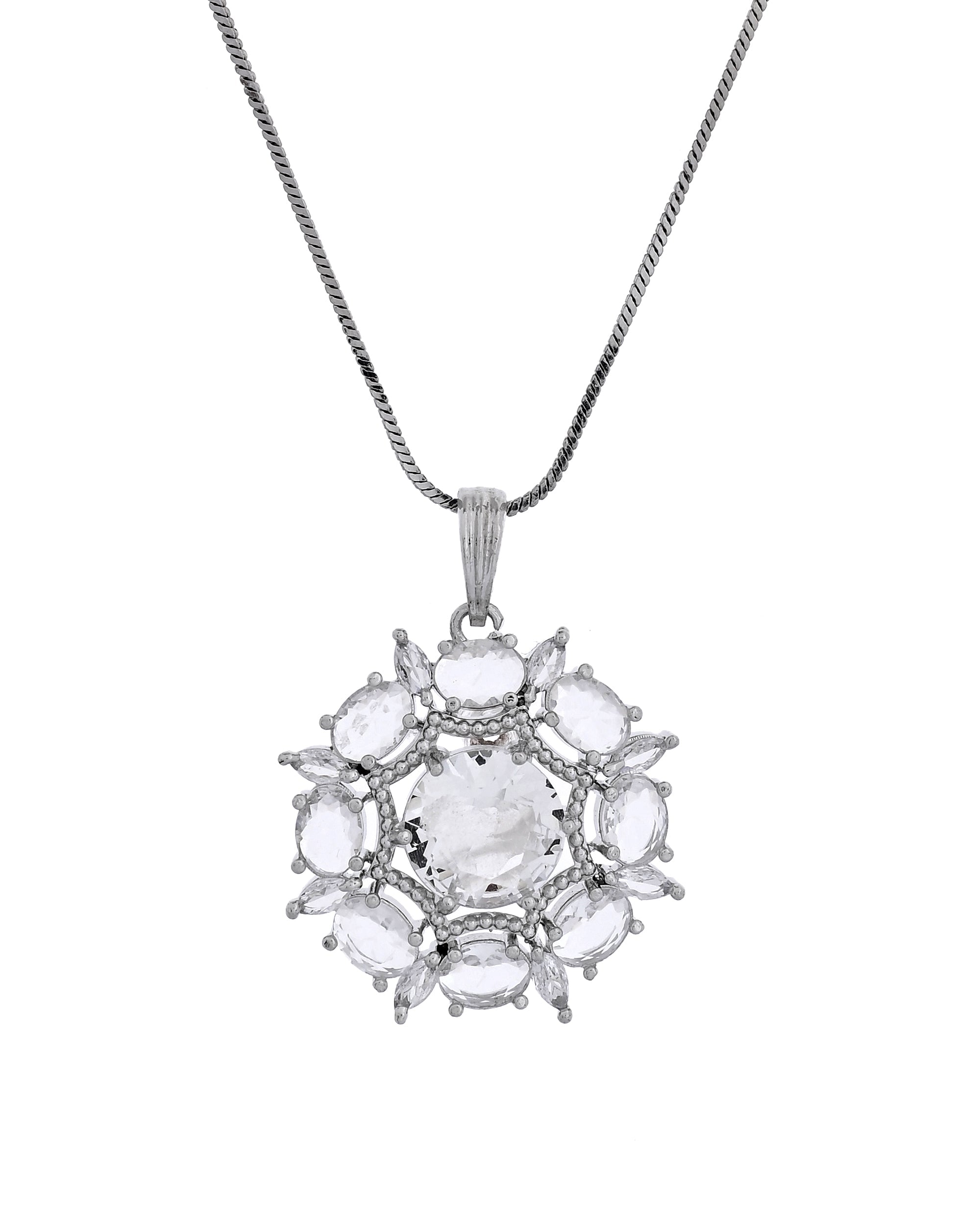 VOJ Silver Plated Circular Stone Studded Sun Shaped Ad Pendant With Chain Set | Grocsy