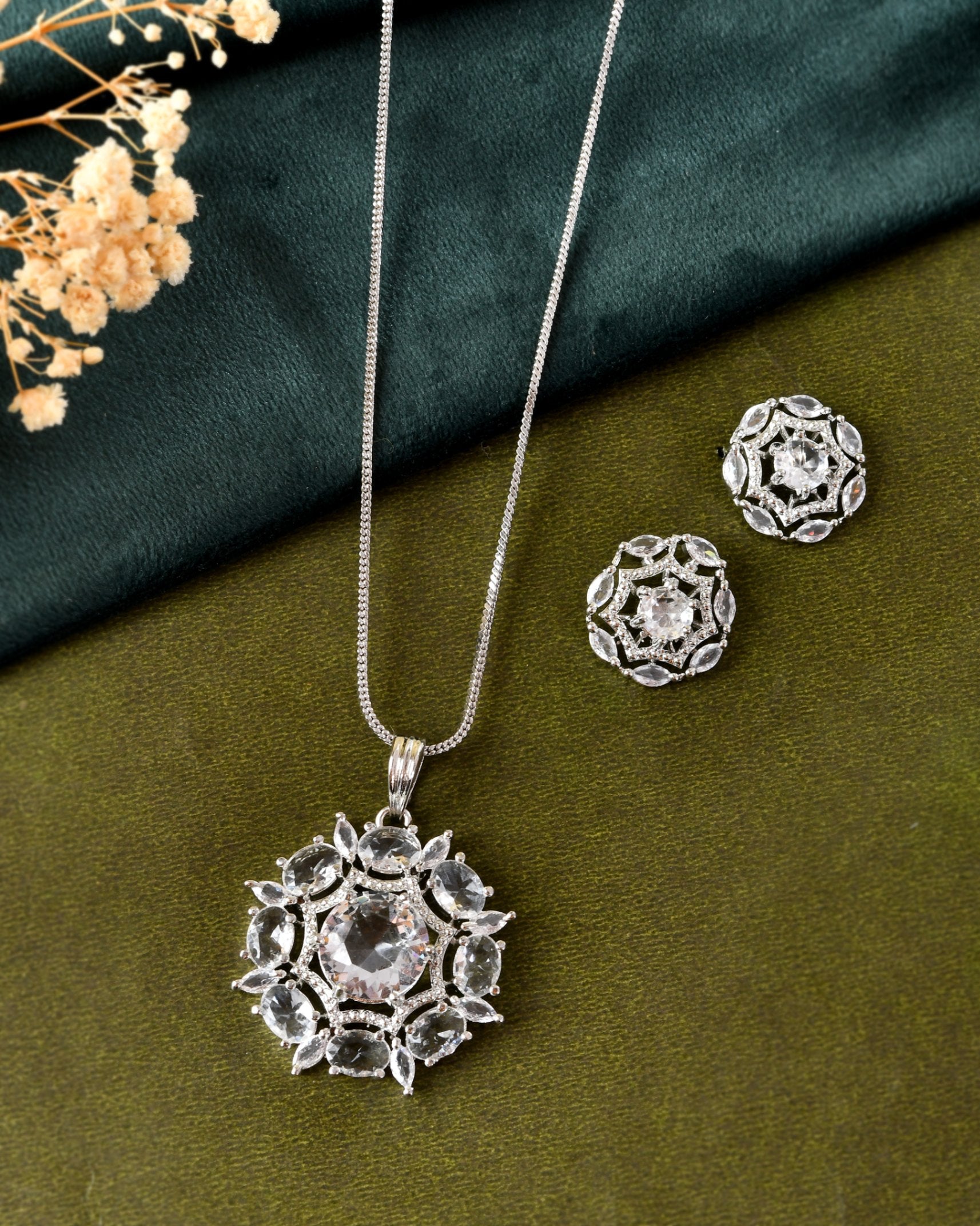 VOJ Silver Plated Circular Stone Studded Sun Shaped Ad Pendant With Chain Set | Grocsy