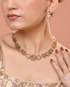 VOJ Gold Tone Floral With Pink Stone Ad Necklace Set | Grocsy