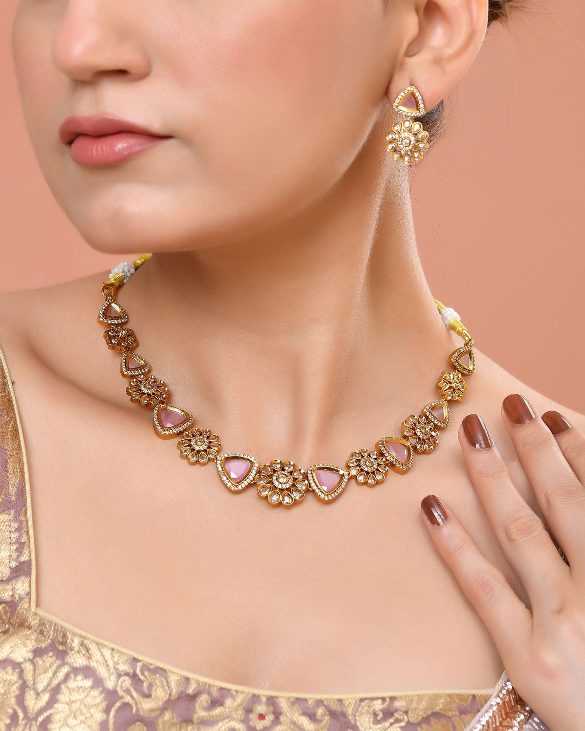 VOJ Gold Tone Floral With Pink Stone Ad Necklace Set | Grocsy