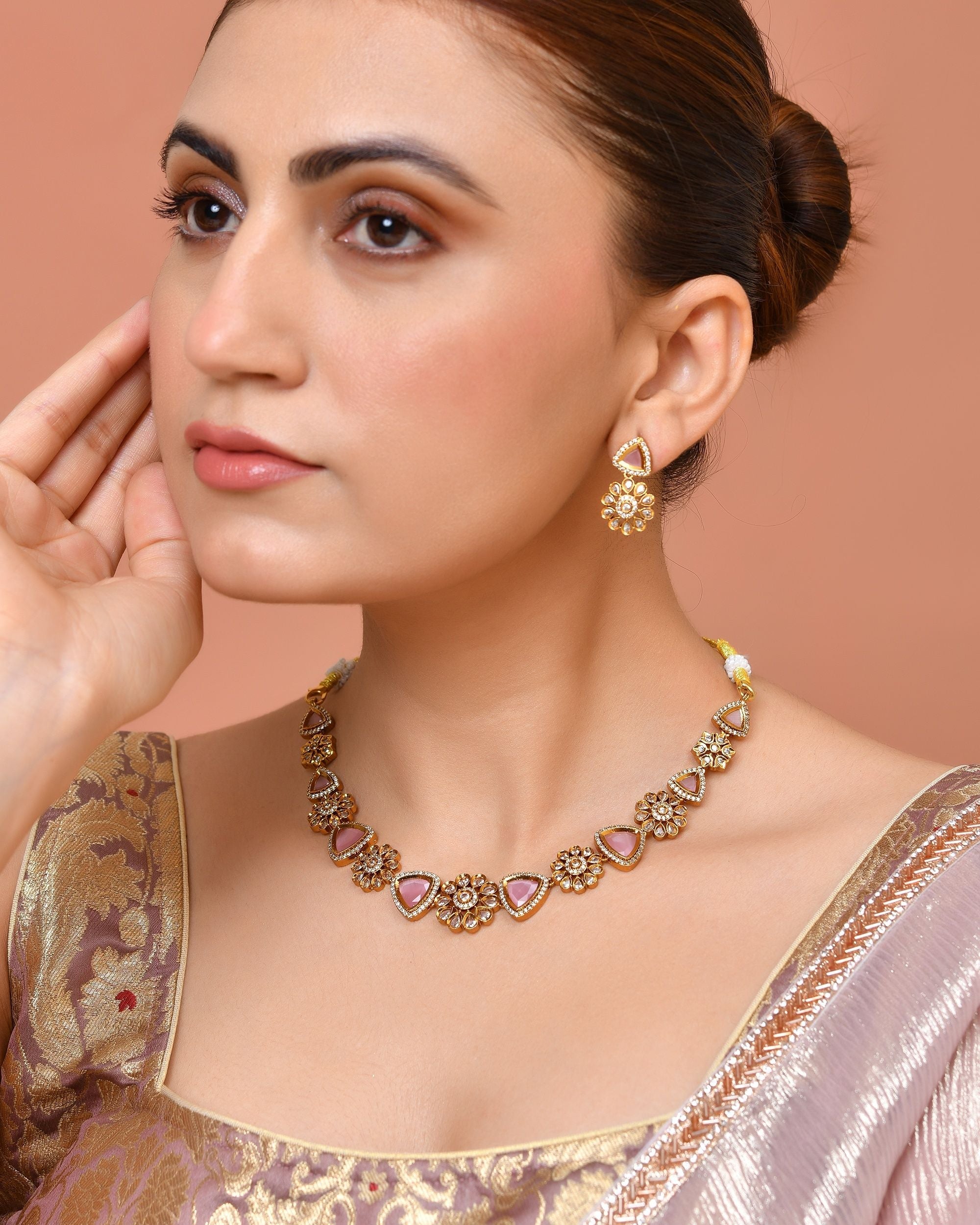 VOJ Gold Tone Floral With Pink Stone Ad Necklace Set | Grocsy