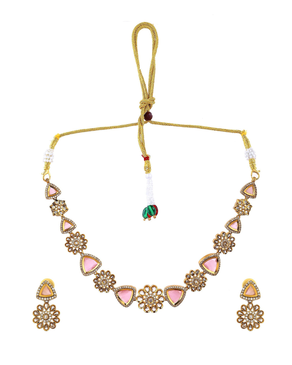 VOJ Gold Tone Floral With Pink Stone Ad Necklace Set | Grocsy