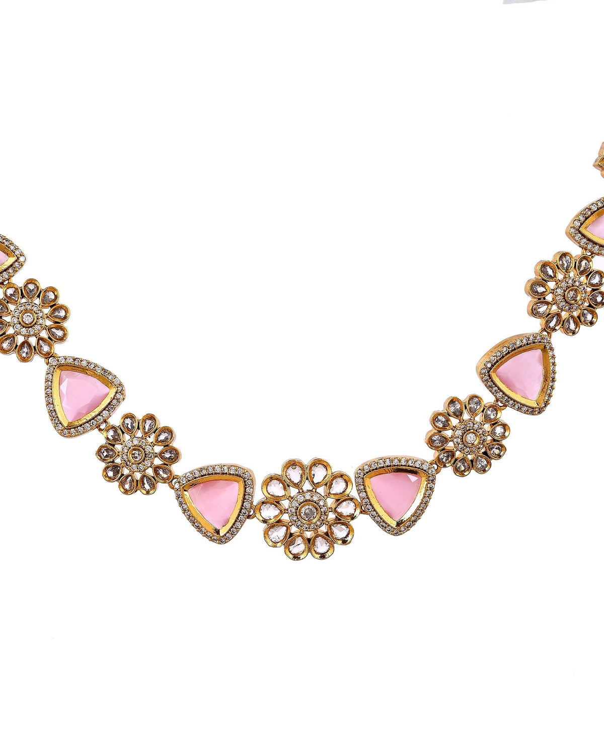VOJ Gold Tone Floral With Pink Stone Ad Necklace Set | Grocsy