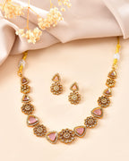VOJ Gold Tone Floral With Pink Stone Ad Necklace Set | Grocsy