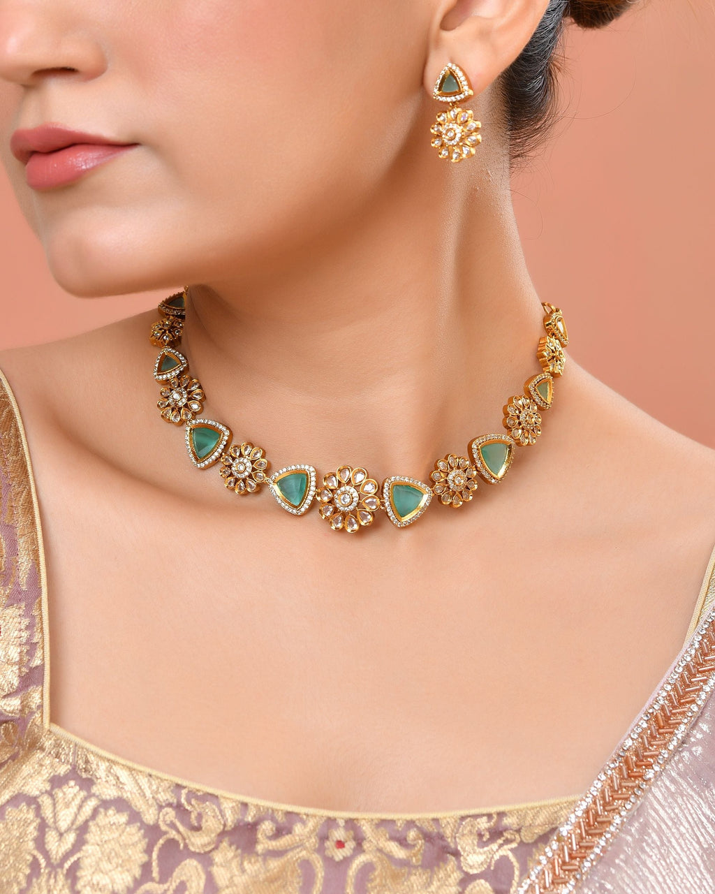 VOJ Gold Tone Floral With Teal Green Stone Ad Necklace Set | Grocsy