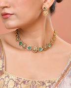 VOJ Gold Tone Floral With Teal Green Stone Ad Necklace Set | Grocsy