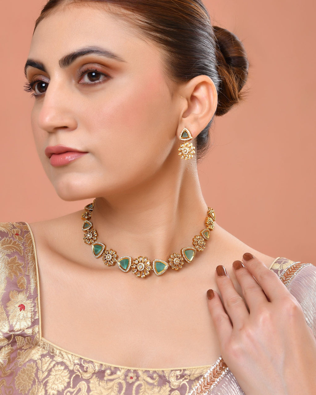 VOJ Gold Tone Floral With Teal Green Stone Ad Necklace Set | Grocsy