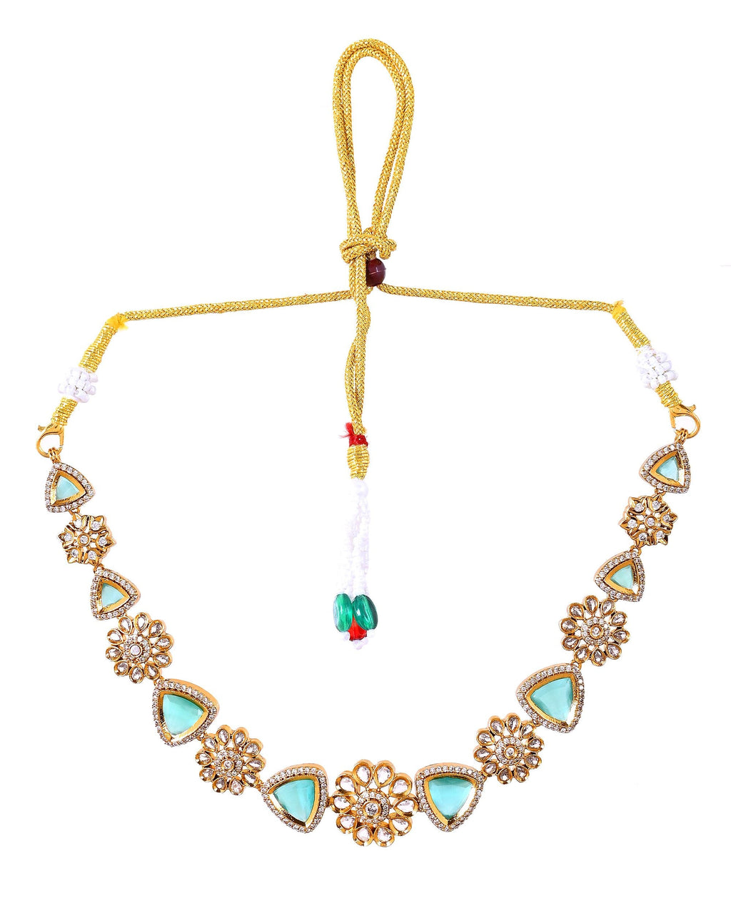 VOJ Gold Tone Floral With Teal Green Stone Ad Necklace Set | Grocsy