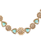 VOJ Gold Tone Floral With Teal Green Stone Ad Necklace Set | Grocsy