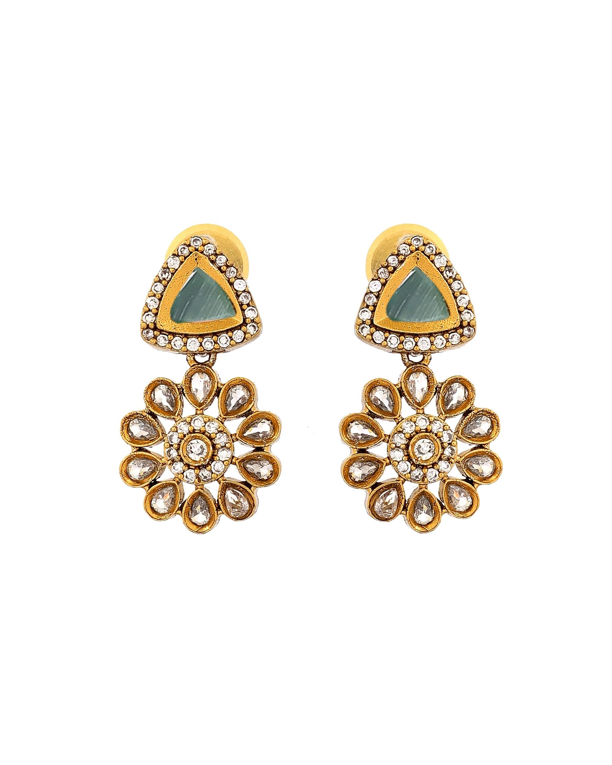 VOJ Gold Tone Floral With Teal Green Stone Ad Necklace Set | Grocsy