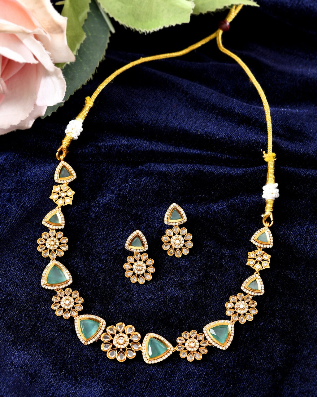 VOJ Gold Tone Floral With Teal Green Stone Ad Necklace Set | Grocsy