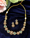 VOJ Gold Tone Floral With Teal Green Stone Ad Necklace Set | Grocsy