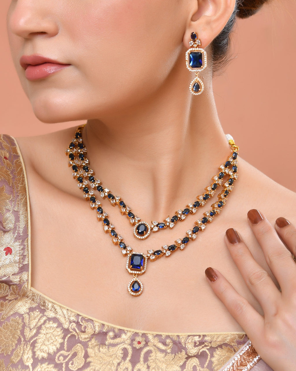 VOJ Gold Plated Dual Layer Blue Stone Studded Jewellery Set | Grocsy