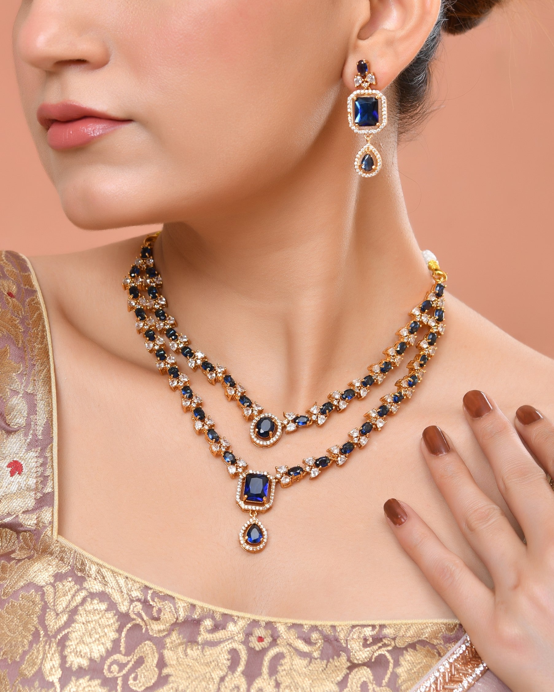 VOJ Gold Plated Dual Layer Blue Stone Studded Jewellery Set | Grocsy