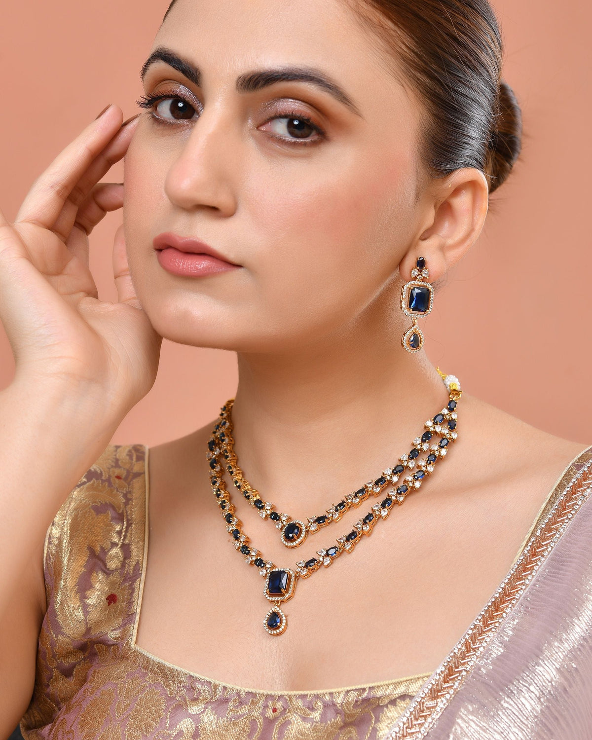 VOJ Gold Plated Dual Layer Blue Stone Studded Jewellery Set | Grocsy