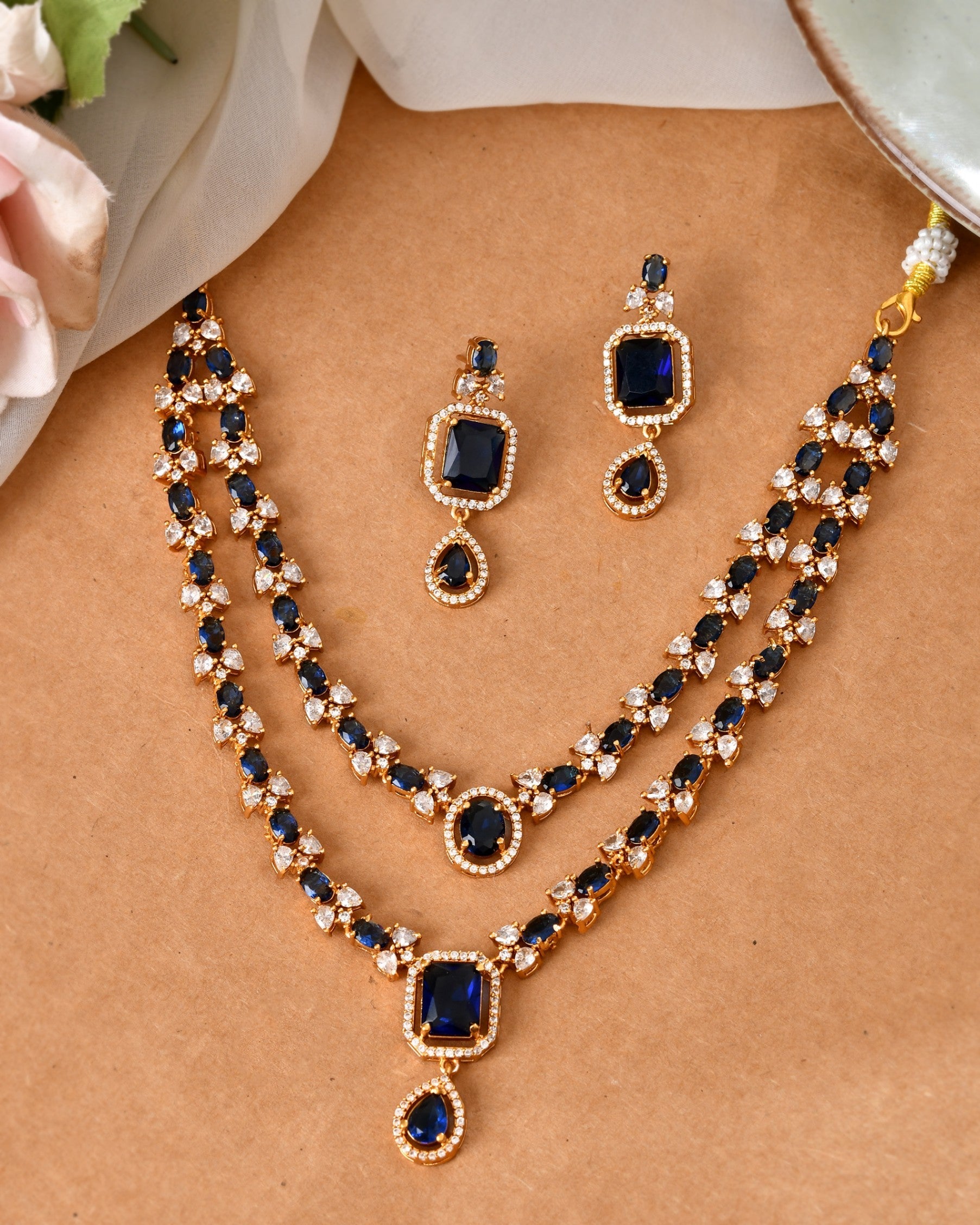 VOJ Gold Plated Dual Layer Blue Stone Studded Jewellery Set | Grocsy