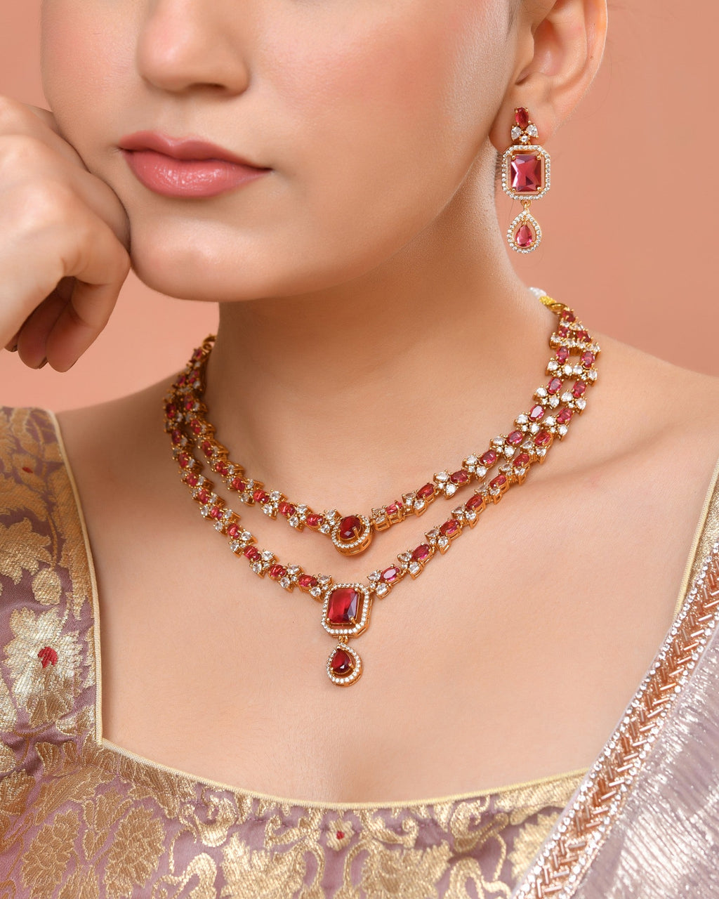 VOJ Gold Plated Dual Layer Ruby Red Stone Studded Jewellery Set | Grocsy