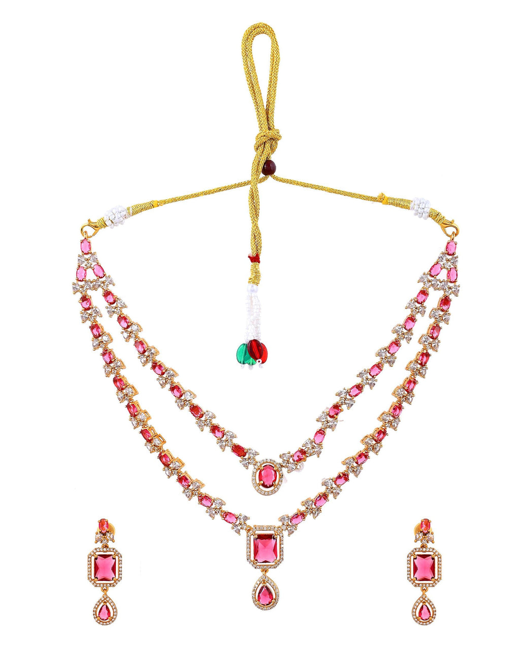 VOJ Gold Plated Dual Layer Ruby Red Stone Studded Jewellery Set | Grocsy