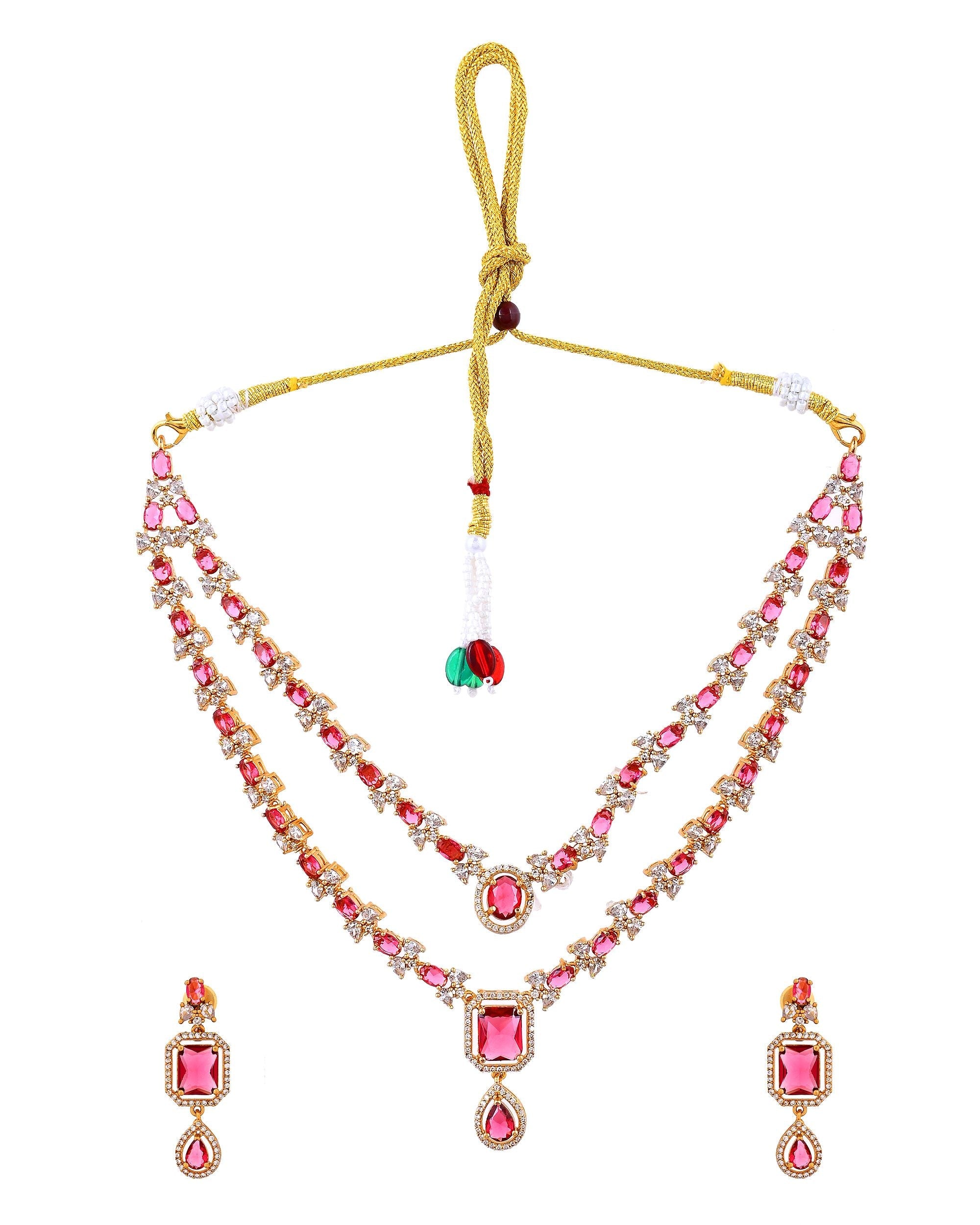 VOJ Gold Plated Dual Layer Ruby Red Stone Studded Jewellery Set | Grocsy