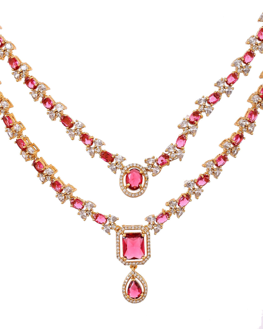 VOJ Gold Plated Dual Layer Ruby Red Stone Studded Jewellery Set | Grocsy