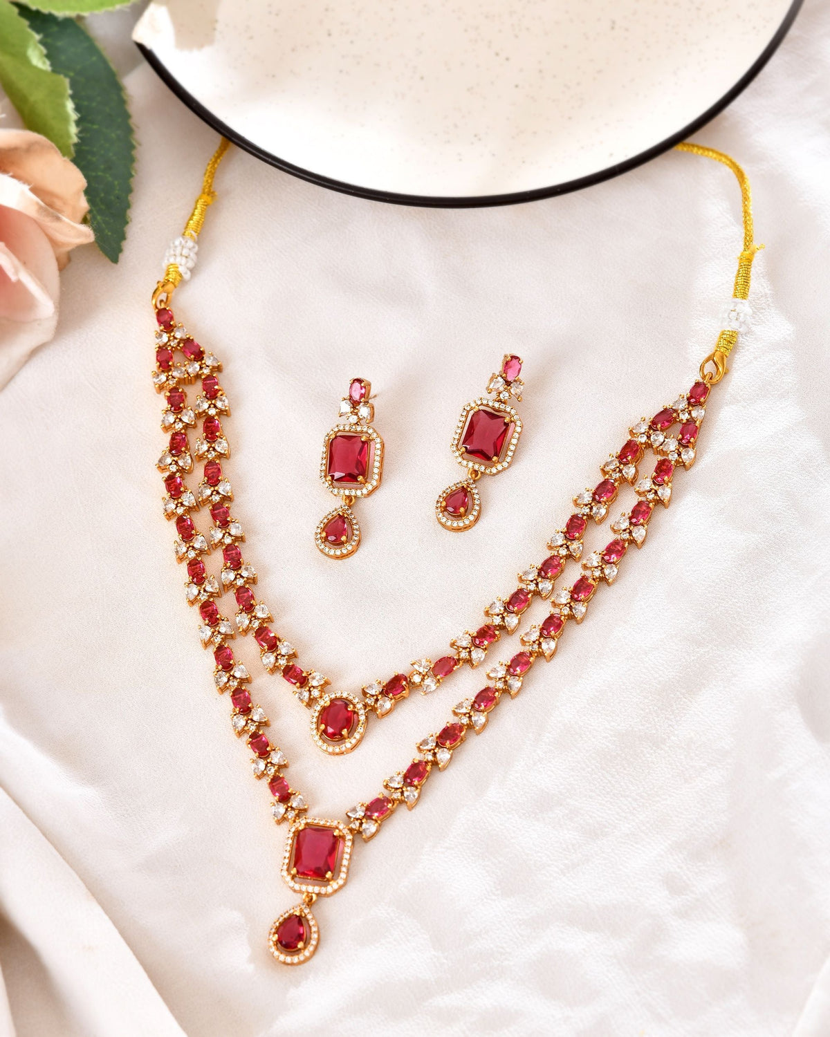 VOJ Gold Plated Dual Layer Ruby Red Stone Studded Jewellery Set | Grocsy