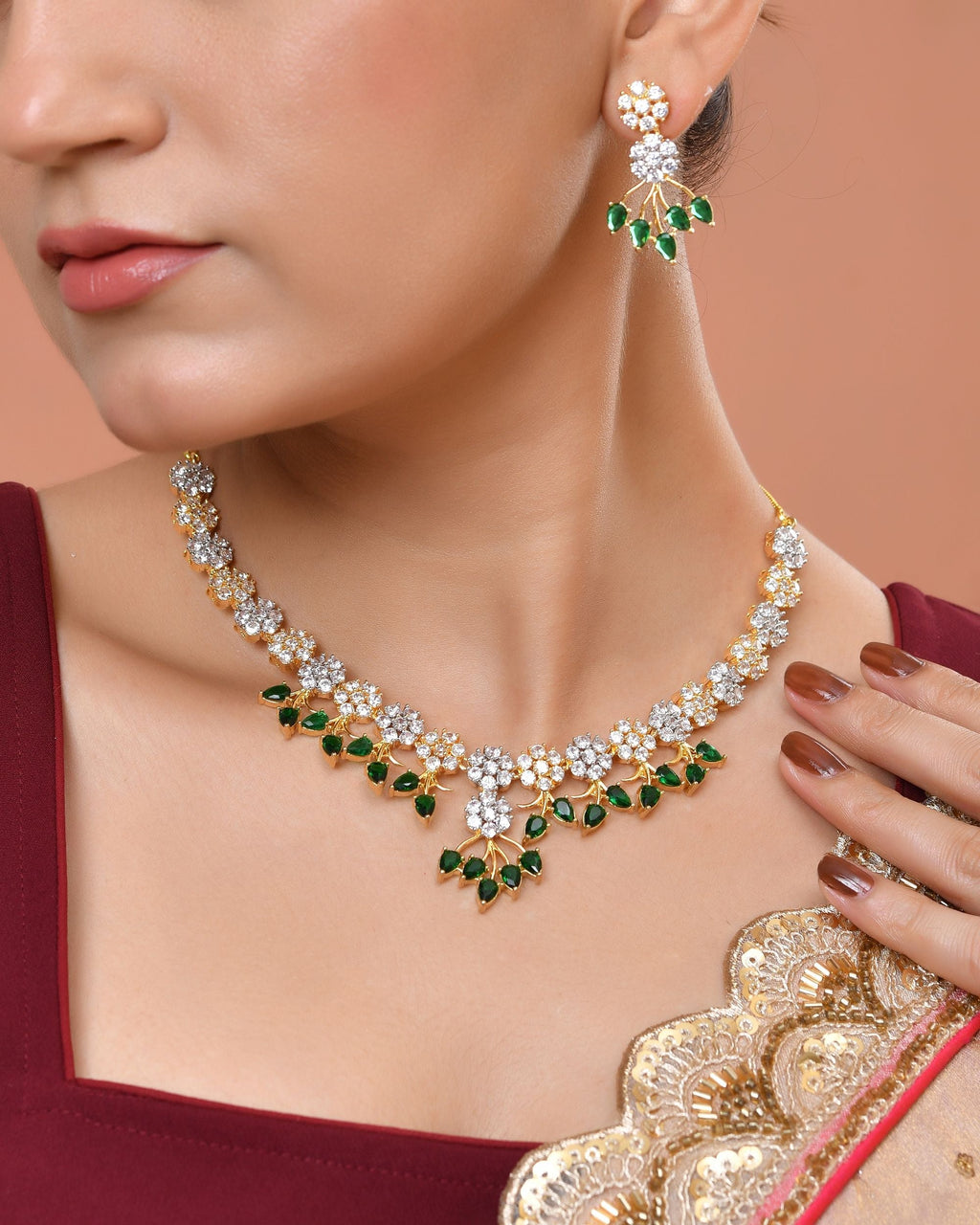 VOJ Gold-Toned Ad Stone Studded Floral Necklace & Earrings Set With Green Stone Drops | Grocsy