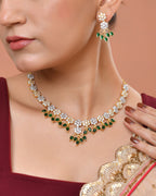 VOJ Gold-Toned Ad Stone Studded Floral Necklace & Earrings Set With Green Stone Drops | Grocsy