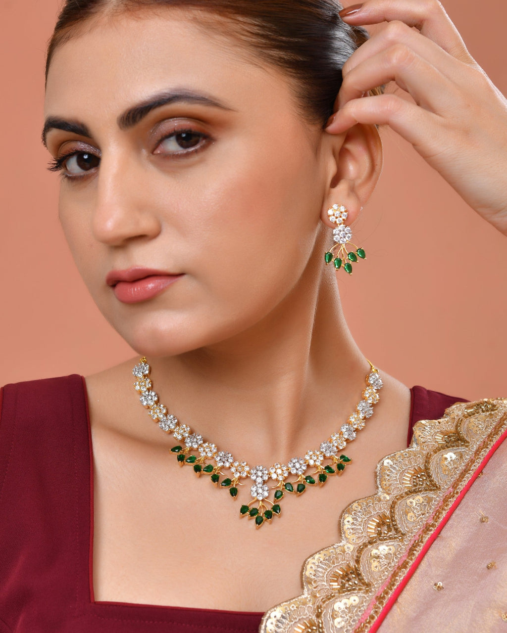 VOJ Gold-Toned Ad Stone Studded Floral Necklace & Earrings Set With Green Stone Drops | Grocsy